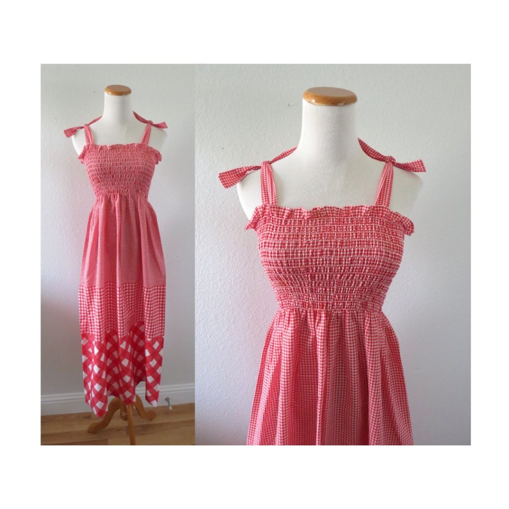 Vintage 70s Smocked Gingham Sundress Dress